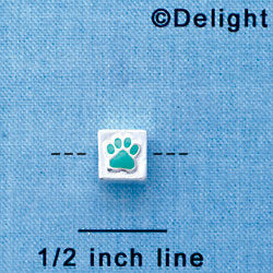 B1090 tlf - 6mm Cube with Teal Enamel Paw - Silver Plated Beads (6 per package)