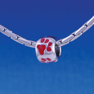 B1118 tlf - Silver Bead with Red Paw Prints - Im. Rhodium Large Hold Beads (6 per package)