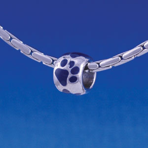 B1119 tlf - Silver Bead with Navy Blue Paw Prints - Im. Rhodium Large Hold Beads (6 per package)