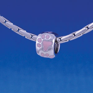 B1120 tlf - Silver Bead with Pink Paw Prints - Im. Rhodium Large Hold Beads (6 per package)