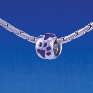 B1121 tlf - Silver Bead with Purple Paw Prints - Im. Rhodium Large Hold Beads (6 per package)