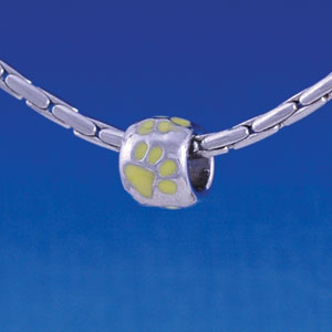 B1124 tlf - Silver Bead with Yellow Paw Prints - Im. Rhodium Large Hold Beads (6 per package)