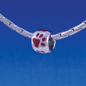 B1125 tlf - Silver Bead with Maroon Paw Prints - Im. Rhodium Large Hold Beads (6 per package)