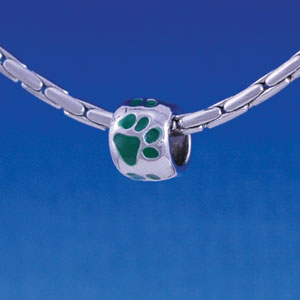 B1126 tlf - Silver Bead with Green Paw Prints - Im. Rhodium Large Hold Beads (6 per package)