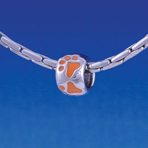 B1127 tlf - Silver Bead with Orange Paw Prints - Im. Rhodium Large Hold Beads (6 per package)