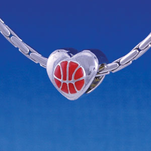 B1139 tlf - Enamel Basketball in Heart - 2 Sided - Im. Rhodium Large Hold Beads (6 per package)