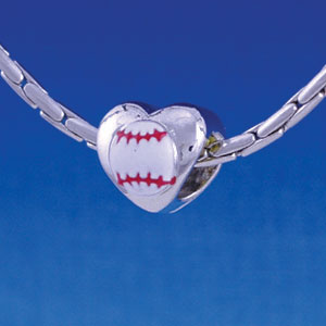 B1140 tlf - Enamel Baseball in Heart - 2 Sided - Im. Rhodium Large Hold Beads (6 per package)