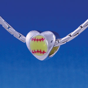 B1141 tlf - Enamel Softball in Heart - 2 Sided - Im. Rhodium Large Hold Beads (6 per package)