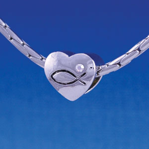 B1190 tlf - Christian Fish with AB Crystal in Heart - Im. Rhodium Large Hold Beads (6 per package)