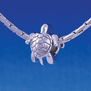 B1208 tlf - Silver 2-D Sea Turtle - Im. Rhodium Large Hole Beads (6 per package)