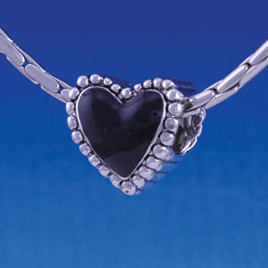 B1212 tlf - Black Heart with Beaded Border - 2-D - Im. Rhodium Large Hole Beads (2 per package)