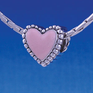 B1213 tlf - Pink Heart with Beaded Border - 2-D - Im. Rhodium Large Hole Beads (2 per package)
