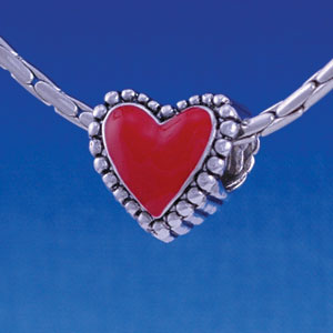 B1214 tlf - Red Heart with Beaded Border - 2-D - Im. Rhodium Large Hole Beads (2 per package)