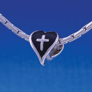 B1215 tlf - Black Heart with Silver Cross - 2-D - Im. Rhodium Large Hole Beads (6 per package)
