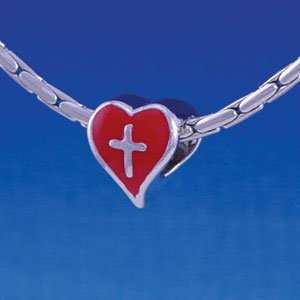 B1216 tlf - Red Heart with Silver Cross - 2-D - Im. Rhodium Large Hole Beads (6 per package)