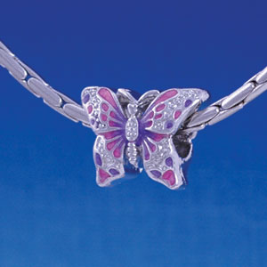 B1217 tlf - 2-D Hot Pink and Purple Butterfly - Im. Rhodium Large Hole Beads (2 per package)