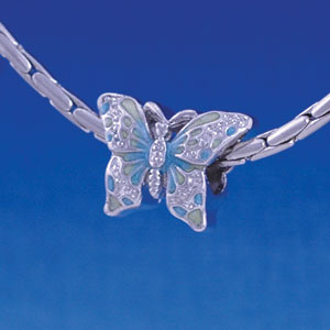 B1218 tlf - 2-D Lime Green & Blue Butterfly - Im. Rhodium Large Hole Beads (2 per package)