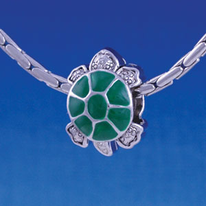 B1219 tlf - Green Enamel 2-D Turtle - Im. Rhodium Large Hole Beads (2 per package)