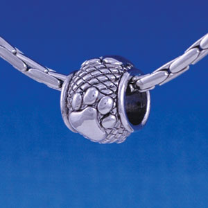 B1242 tlf - Silver Paw on Hatched Background - Im. Rhodium Large Hole Beads (6 per package)