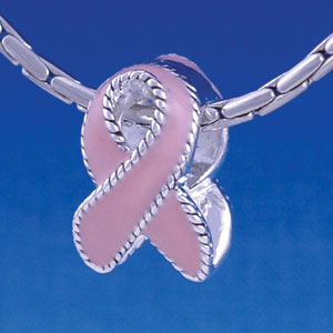 B1246 tlf - Pink Ribbon with Stitched Edging - Silver Plated Large Hole Bead (2 per package)