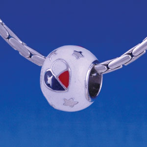 B1256 tlf - Red, White and Blue Texas Heart on White - Im. Rhodium Large Hole Beads (6 per package)