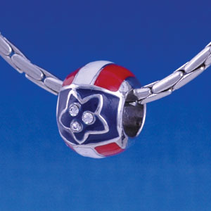 B1257 tlf - Patriotic - Blue Star with Swarovski Crystals, White and Red Bands - Im. Rhodium Large Hole Beads (6 per package)