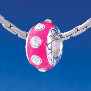 B1318 tlf - Large Spacer - Hot Pink with Swarovski Crystals - Silver Plated Large Hole Bead (2 per package)