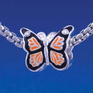 B1319 tlf - Orange Monarch Butterfly with Swarovski Crystals - Silver Plated Large Hole Bead (6 per package)