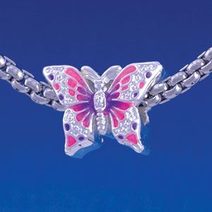 B1320 tlf - Hot Pink & Purple Butterfly - Silver Plated Large Hole Bead (2 per package)