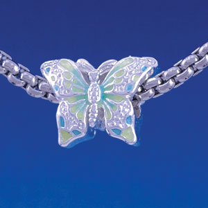 B1321 tlf - Lime Gree & Blue Butterfly - Silver Plated Large Hole Bead (2 per package)