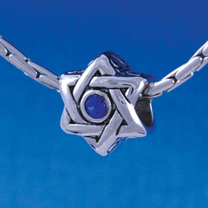 B1325 tlf - Star of David with Blue Swarovski Crystal - Im. Rhodium Plated Large Hole Bead (6 per package)