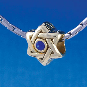 B1326 tlf - Star of David with Blue Swarovski Crystal - Gold Plated Large Hole Bead (6 per package)