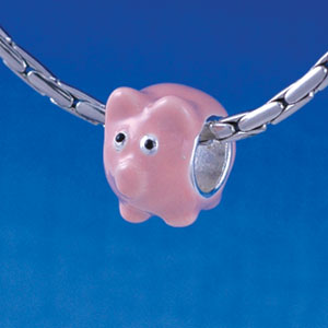 B1332 tlf - Enamel Pink Pig - Silver Plated Large Hole Bead (6 per package)
