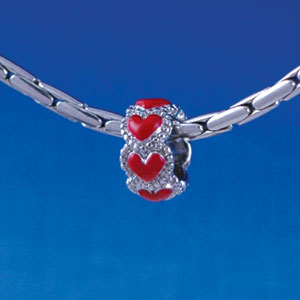 B1343 tlf - Mini Beaded Red Hearts Spacer - Im. Rhodium Plated Large Hole Bead (6 per package)