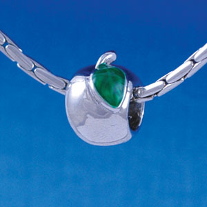 B1350 tlf - Silver Apple with Green Leaf - Im. Rhodium Plated Large Hole Bead (6 per package)