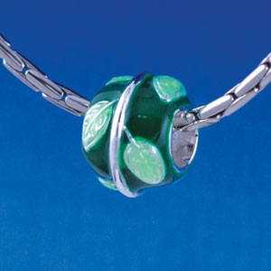 B1356 tlf - Lime Leaves on Green Band - Silver Plated Large Hole Beads (6 per package)