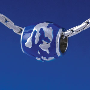 B1369 tlf - Blue Enamel World Globe - Im. Rhodium Plated Large Hole Beads (6 per package)