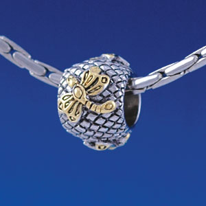 B1372 tlf - Gold Dragonfly on Silver Hatched Background - Im. Rhodium & Gold Plated Large Hole Beads (6 per package)