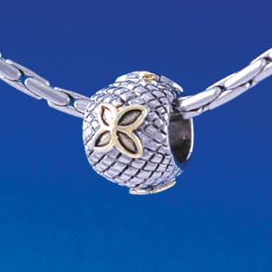 B1374 tlf - Gold Flower on Silver Hatched Background - Im. Rhodium & Gold Plated Large Hole Beads (6 per package)