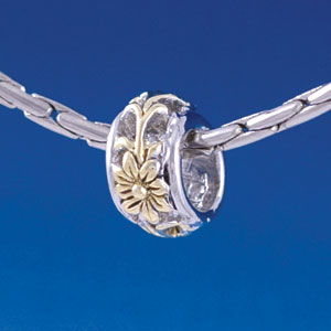 B1387 tlf - Gold Flower with Silver Border - Im. Rhodium & Gold Plated Large Hole Bead (6 per package)