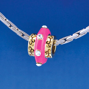 B1415-GOLD tlf - Large Spacer - Hot Pink Center with Clear Swarovski Crystals - Gold Plated Large Hole Beads (2 per package)