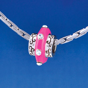 B1415 tlf - Large Spacer - Hot Pink Center with Clear Swarovski Crystals - Silver Plated Large Hole Beads (2 per package)
