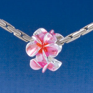 B1455 tlf - Hot Pink & Orange Plumerias - Silver Plated Large Hole Beads (6 per package)
