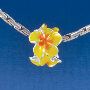 B1456 tlf - Hot Yellow & Orange Plumerias - Silver Plated Large Hole Beads (6 per package)