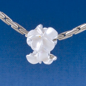 B1458 tlf - Pearl White Plumerias - Silver Plated Large Hole Beads (6 per package)