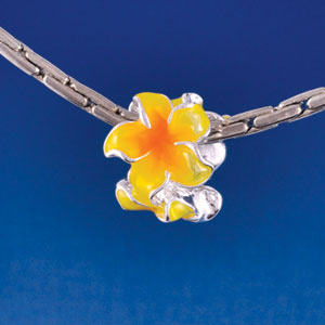 B1464 tlf - Hot Yellow and Orange Plumeria Flowers - Silver  Plated Large Hole Bead (6 per package)