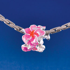 B1465 tlf - Hot Pink and Orange Plumeria Flowers - Silver  Plated Large Hole Bead (6 per package)