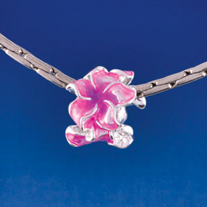 B1466 tlf - Hot Pink and Purple Plumeria Flowers - Silver  Plated Large Hole Bead (6 per package)