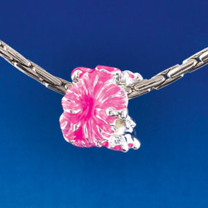 B1467 tlf - Hot Pink Hibiscus Flowers - Silver  Plated Large Hole Bead (6 per package)