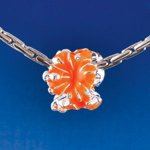 B1468 tlf - Hot Orange Hibiscus Flowers - Silver  Plated Large Hole Bead (6 per package)